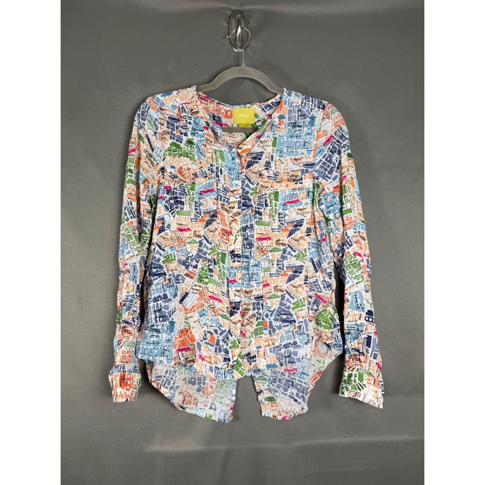 Maeve London Map Blouse Womens Size 0 Multicolor Long Sleeve Split Back Top